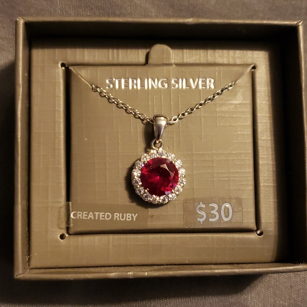 Sterling Silver Red and White Halo Ruby Necklace